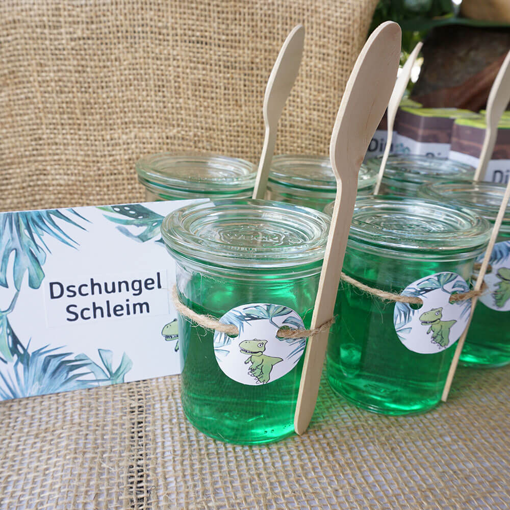 mini-presents Trinkpäckchen Dschungel Schleim Dessert Etiketten Dino Party Deko