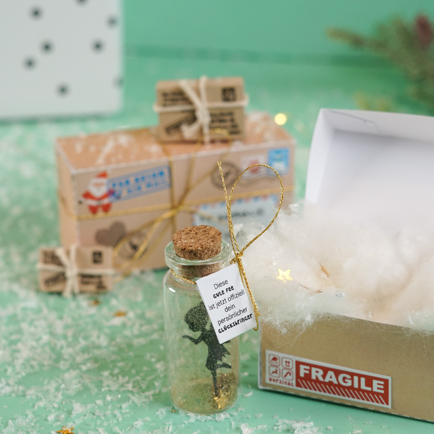 Fertiges Fee Reagenzglas Wichtelgeschenk in Paketbox mit Anhänger persönlicher Glücksbringer