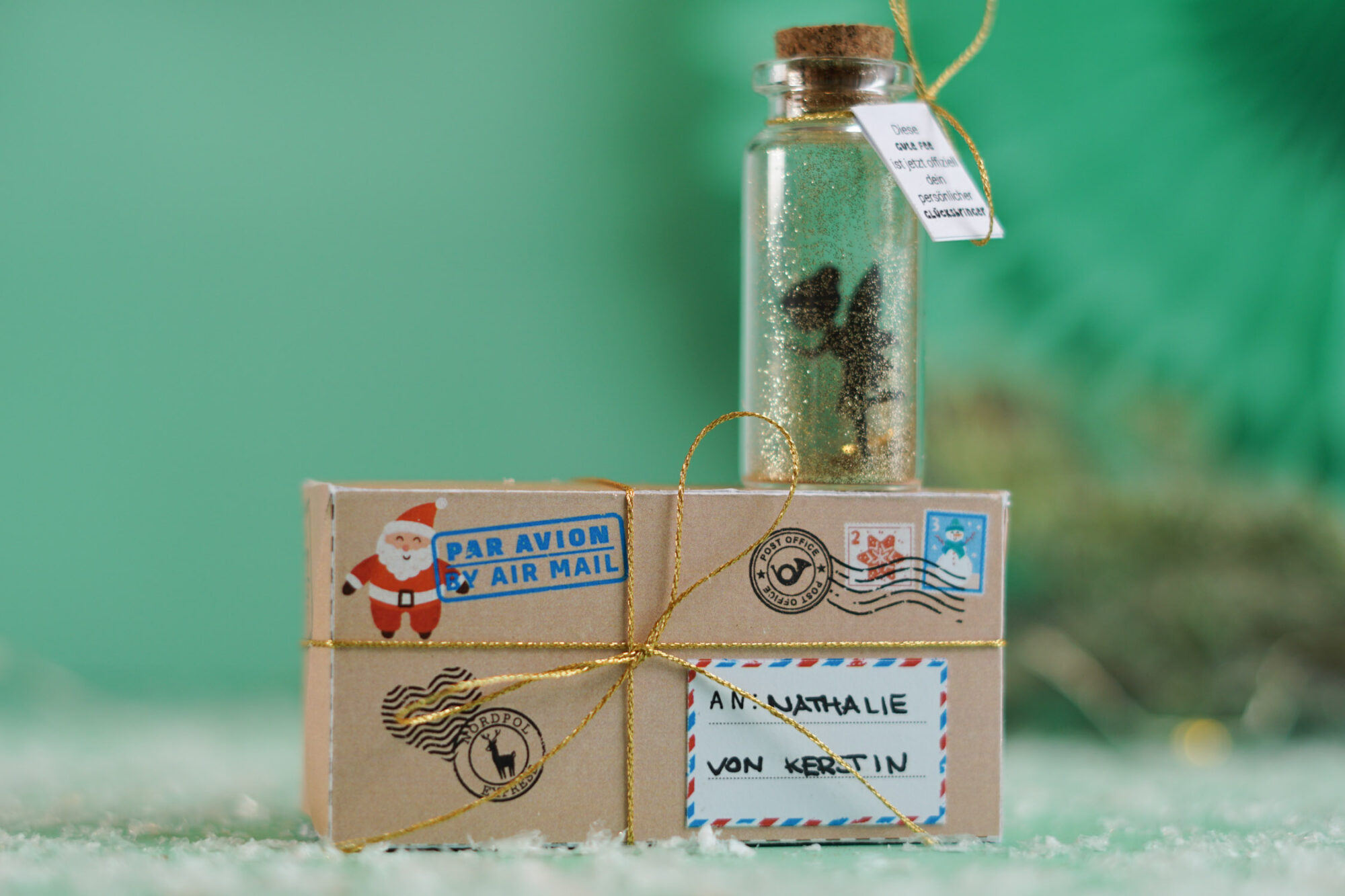 Fertiges Fee Reagenzglas Wichtelgeschenk in Paketbox mit Anhänger persönlicher Glücksbringer