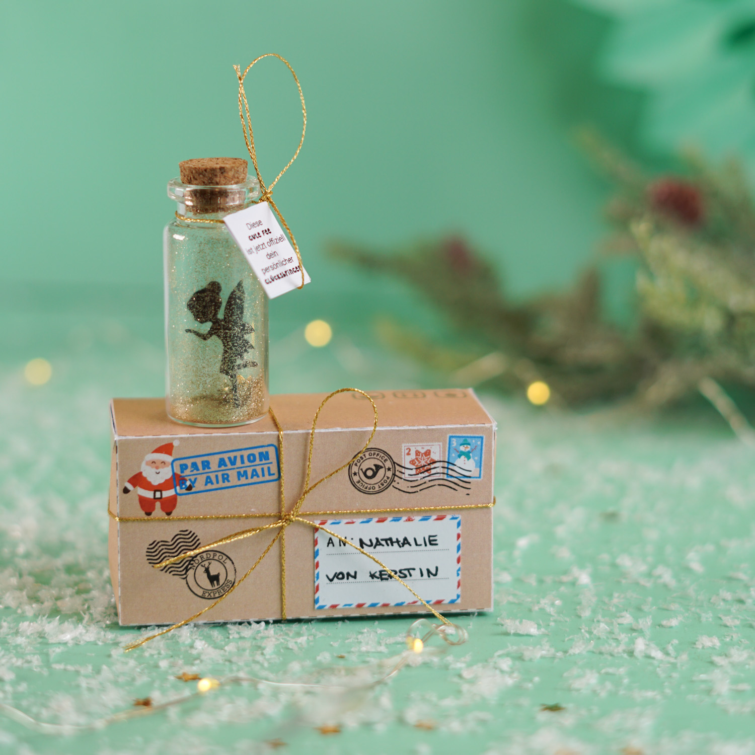 Fertiges Fee Reagenzglas Wichtelgeschenk in Paketbox mit Anhänger persönlicher Glücksbringer