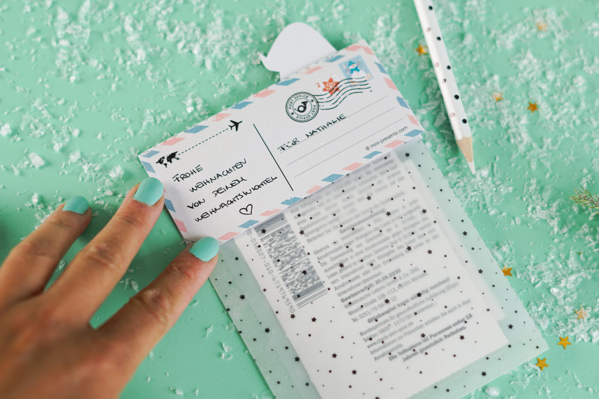 Druckvorlage Wichtelgeschenk Rubbellos ausgedruckt auf Karton und Transparentpapier