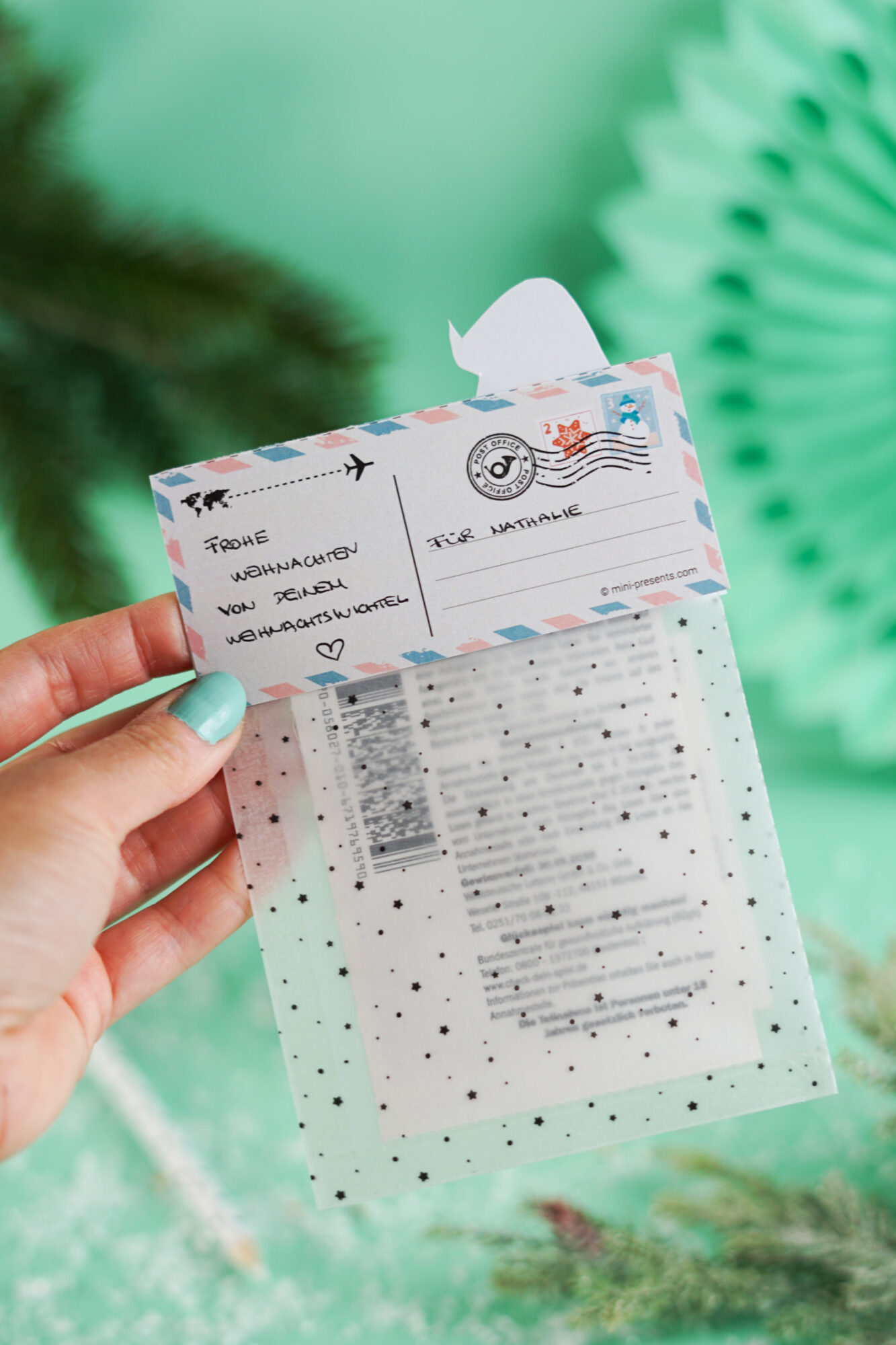 Druckvorlage Wichtelgeschenk Rubbellos ausgedruckt auf Karton und Transparentpapier