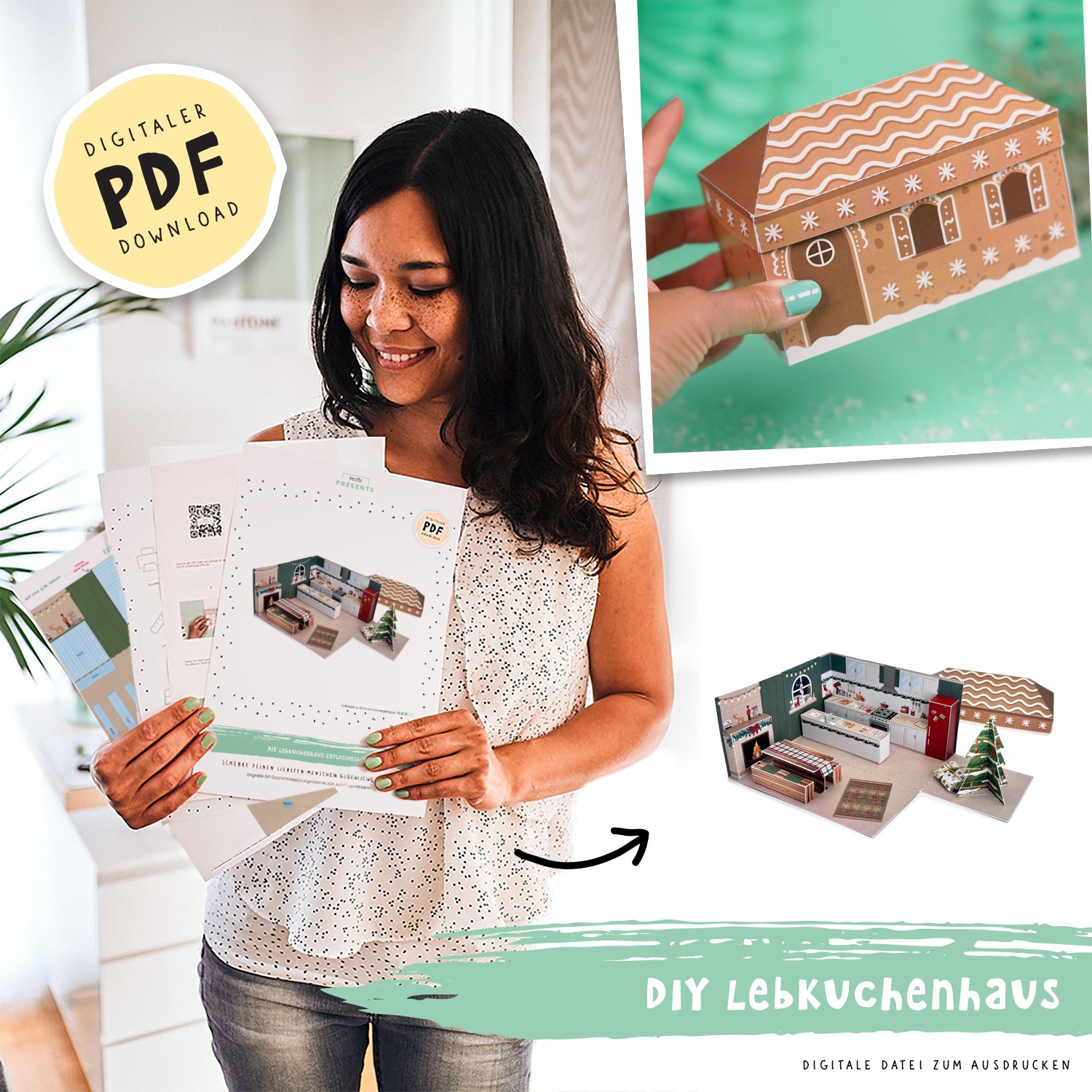 Ausgedruckte Lebkuchenhaus Bastelvorlage als PDF zum Ausdrucken