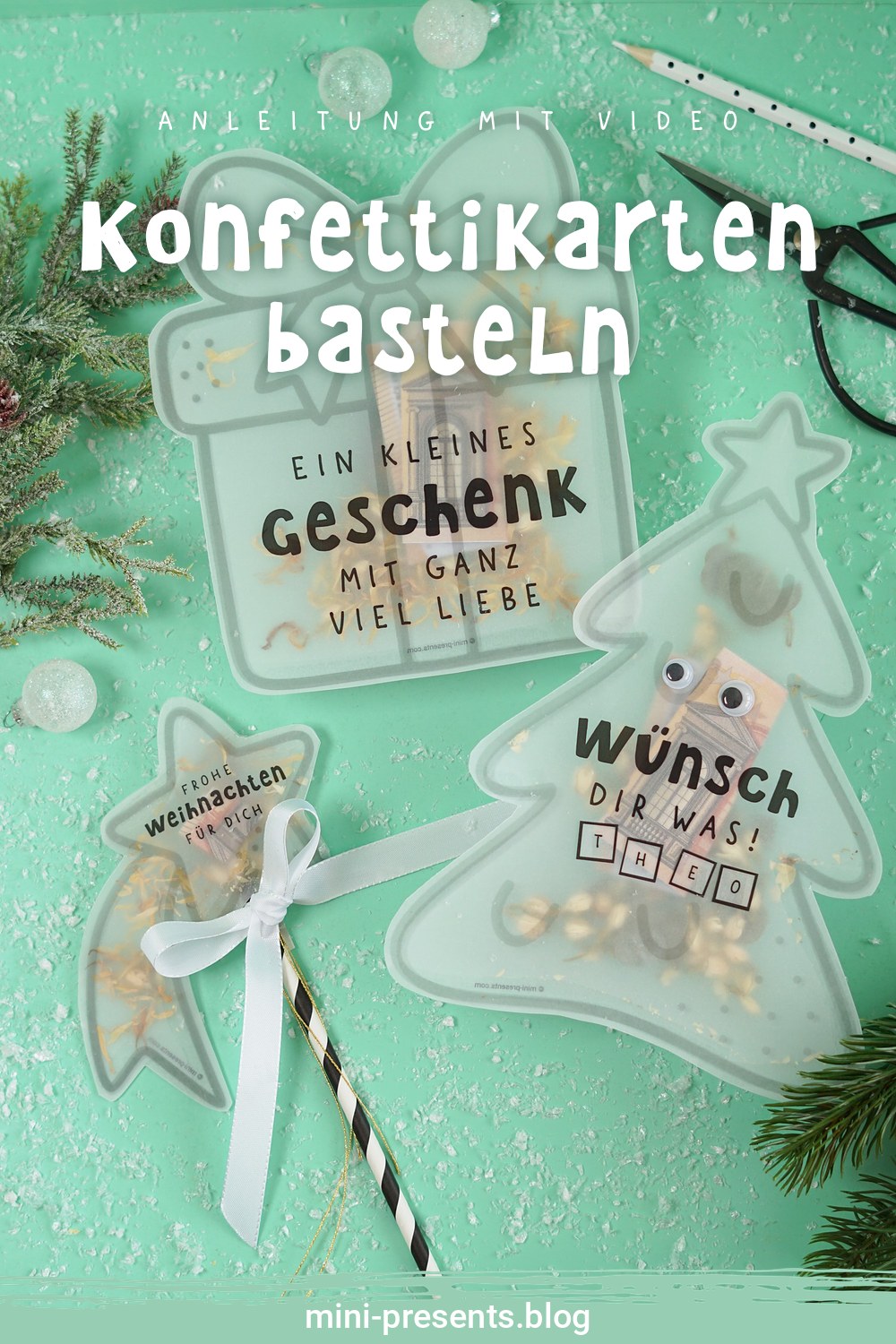 Konfettikarten basteln: drei Schüttelkarten zu Weihnachten mit Geschenk, Tannenbaum und Sternschnuppe auf mintfarbenem Hintergrund