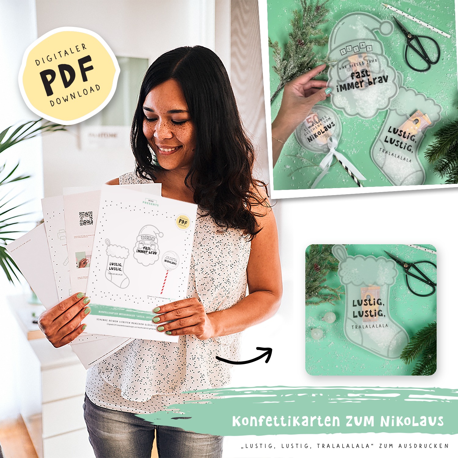 Frau hält die ausgedruckte Vorlage für die DIY Konfettikarten zum Nikolaus