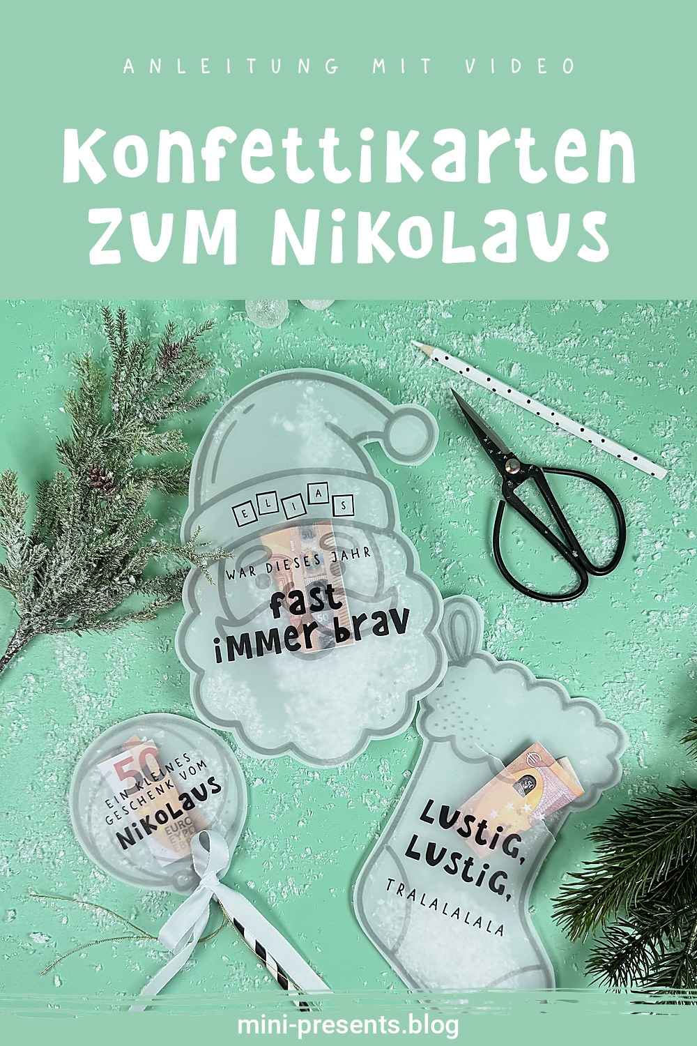 Konfettikarten zum Nikolaus basteln: Nikolaus, Stiefel und Lutscher am Stab auf mintfarbenem Hintergrund