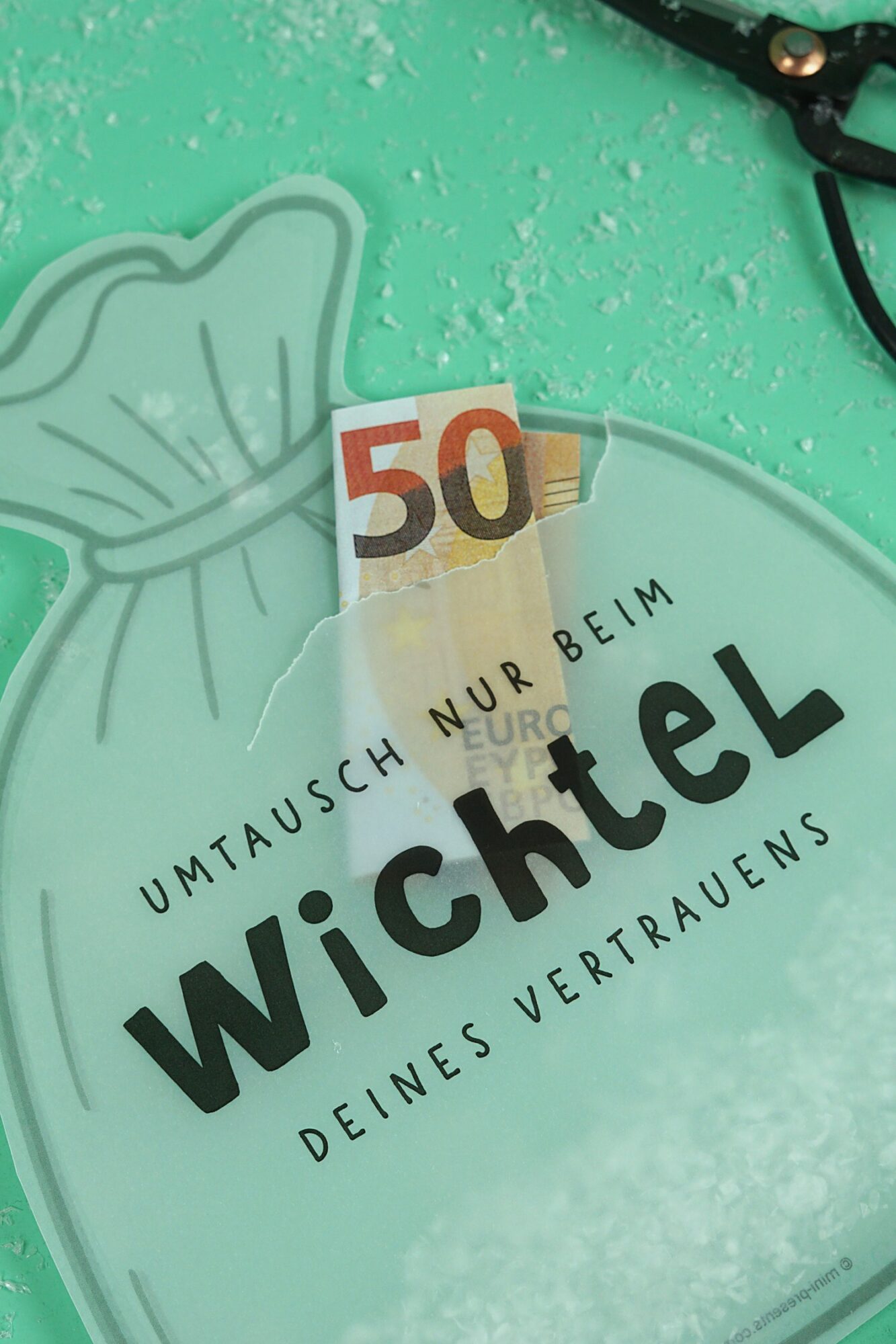 Konfettikarte Sack mit 50 Euro Schein und Spruch Umtausch nur beim Wichtel deines Vertrauens