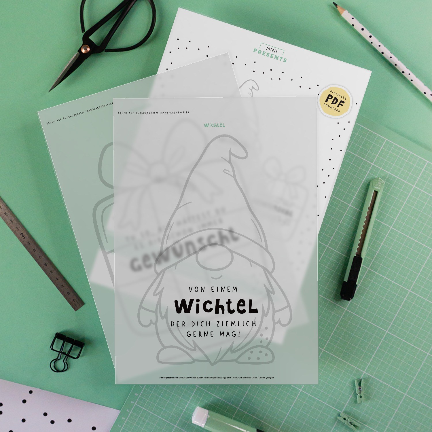 Ausgedruckte Vorlage für die Konfettikarten Von einem Wichtel auf Transparentpapier