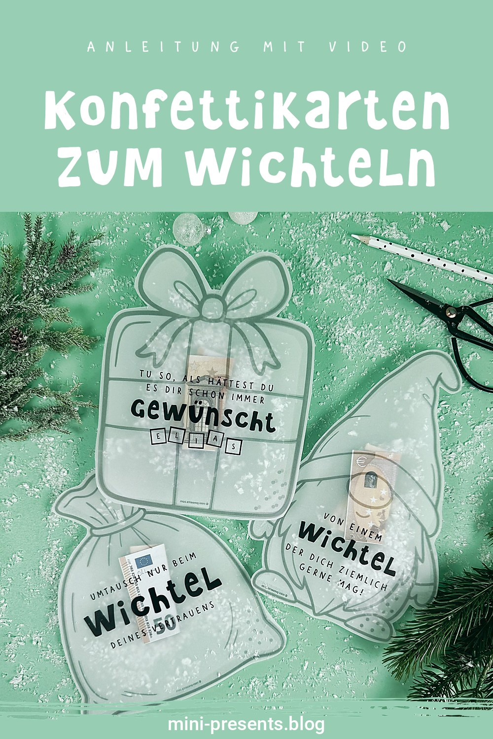 Konfettikarten zum Wichteln basteln: Wichtel, Geschenk und Sack auf mintfarbenem Hintergrund