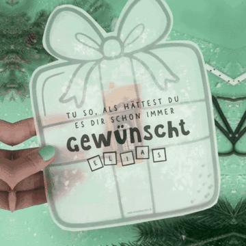 Drei selbst gebastelte Konfettikarten zum Wichteln aus Transparentpapier: Wichtel, Geschenk mit Namen und Sack mit Geldschein